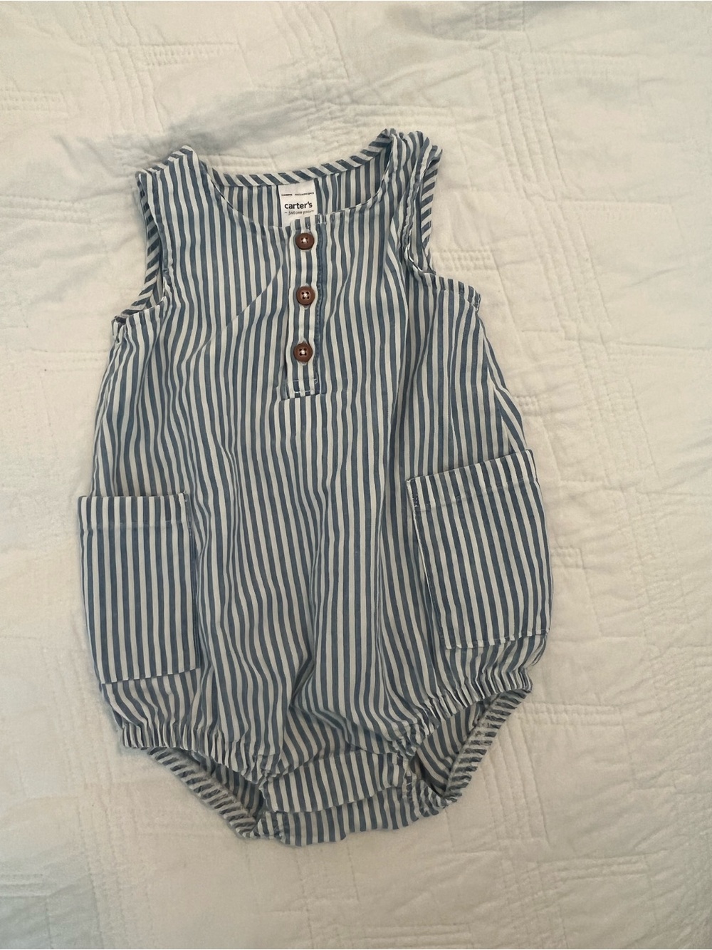 Carter's NEW- Blue and White Vertical Stripe Baby Romper with Wooden Buttons